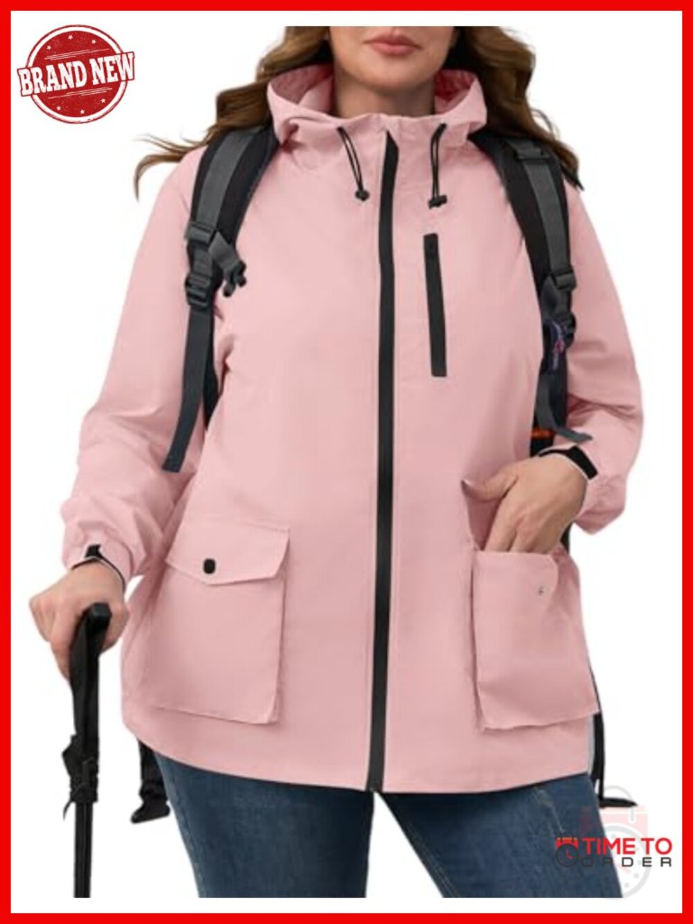 Plus Size Waterproof Rain Jacket Lightweight Packable Hooded Windbreaker Travel